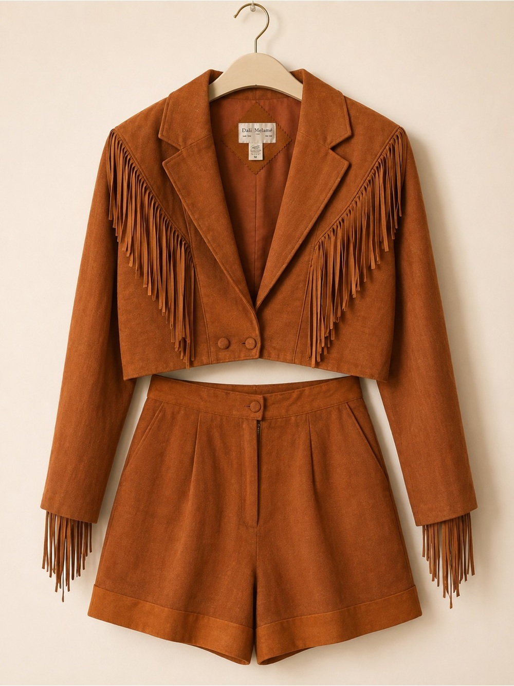 Dali Melamé Suede Fringe Jacket & Linen Shorts Set.